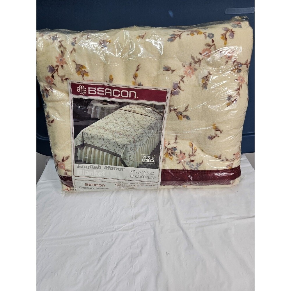 NEW Vtg Beacon Acrylic Thermal Floral Blanket Satin Trim 72 x 90 Full/Twin USA
